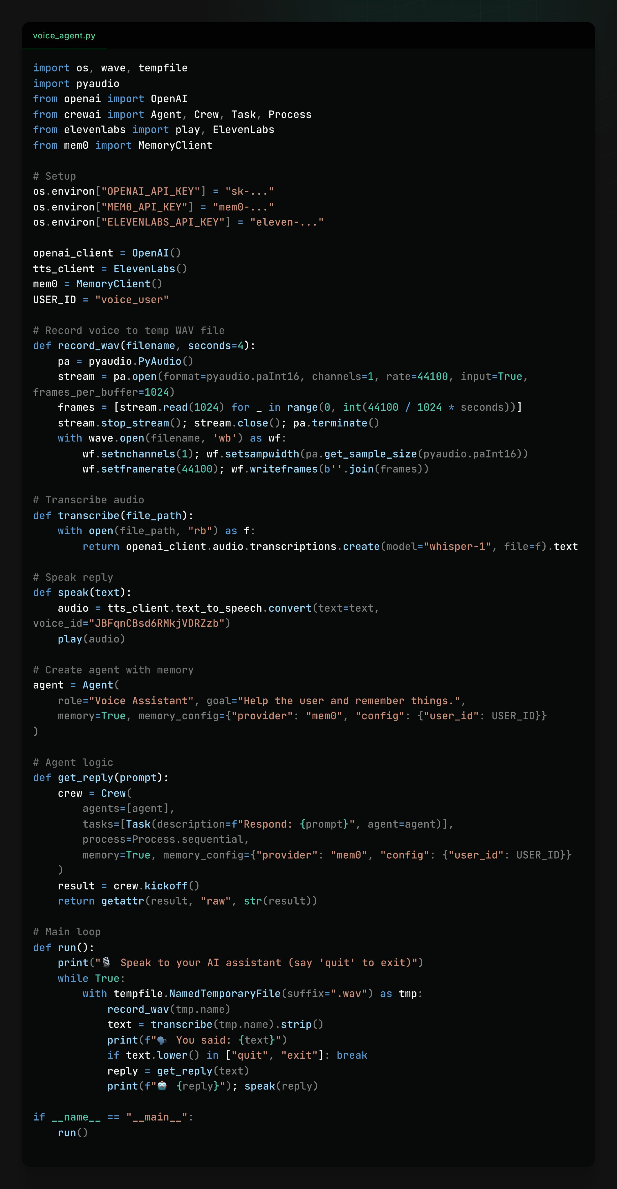 Python script for a voice assistant using OpenAI, ElevenLabs, and Mem0 APIs. It records audio, transcribes it, and generates a spoken response.